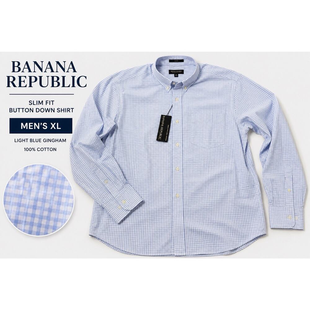 NWT Banana Republic Slim Fit Button Down Shirt Men’s XL Blue Gingham Cotton
